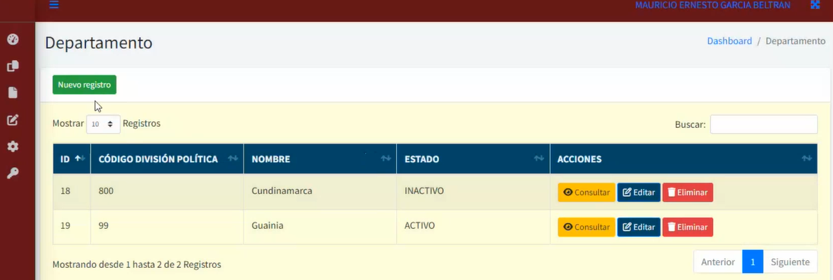 En la siguiente imagen se muestra el botón con el texto nuevo registro en el cual se crea nuevo departamento  