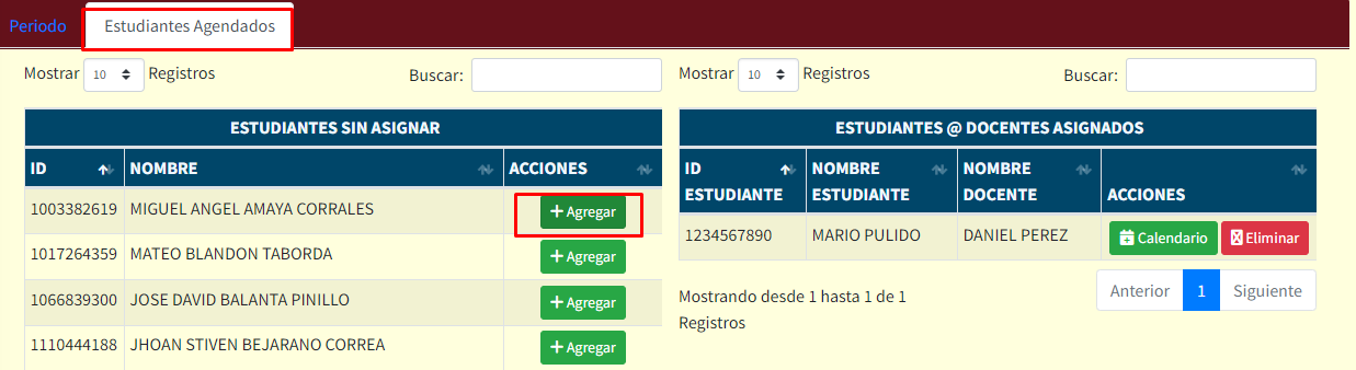 En la imagen aparecen una lista con los estudiantes disponibles y docente asignado por periodo con la opción de asignarse dentro de un botón de calendario presente para horarios de consultas