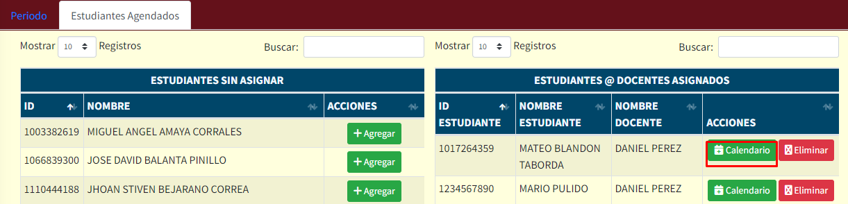 La imagen muestra a los estudiantes asignados por docente con opción de calendario para elegir franja horaria según docente y opción de eliminar asignación estudiante-docente