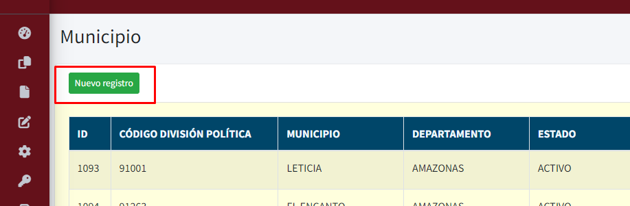 En la siguiente imagen se muestra el botón con el texto nuevo registro en el cual se crea nuevo municipio  