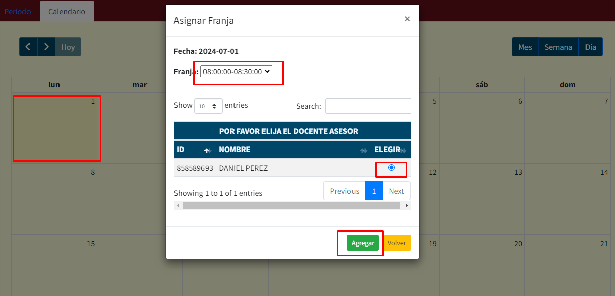 En la imagen aparece un calendario con opciones de elegir: día, franja horaria y docente asignado con botón con texto asignar