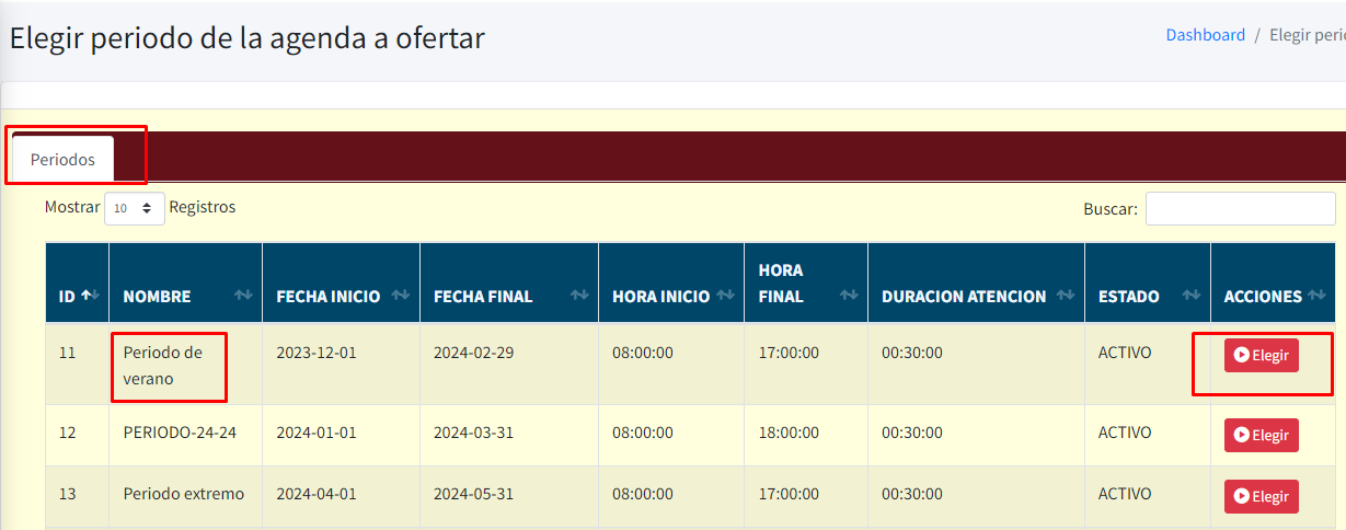 En la imagen se muestra registro de los diferentes periodos con el ícono elegir