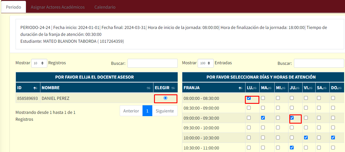 En la imagen aparece el docente asignado con las diferentes franjas de atención en las que puede hacer acompañamiento