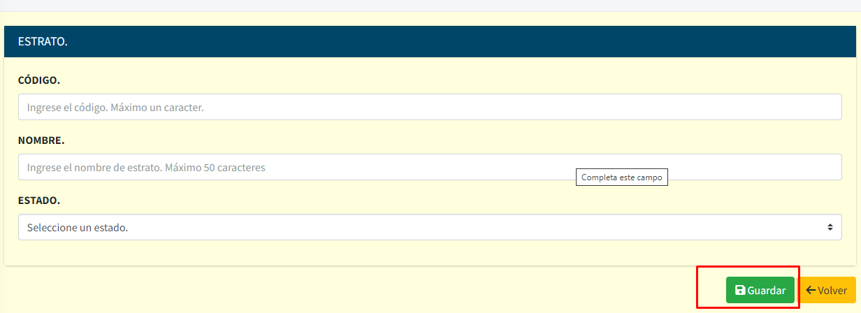 En la imagen aparecen todos los campos un registro de estrato social: código, nombre y estado con botón para edición