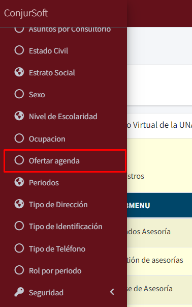 La imagen muestra la opción parámetros del menú principal, dentro de parámetros se encuentra la sección ofertar agenda