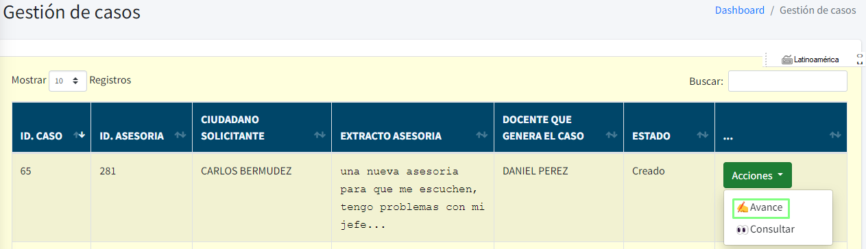 Captura de pantalla del menú para ingresar un avance al caso.