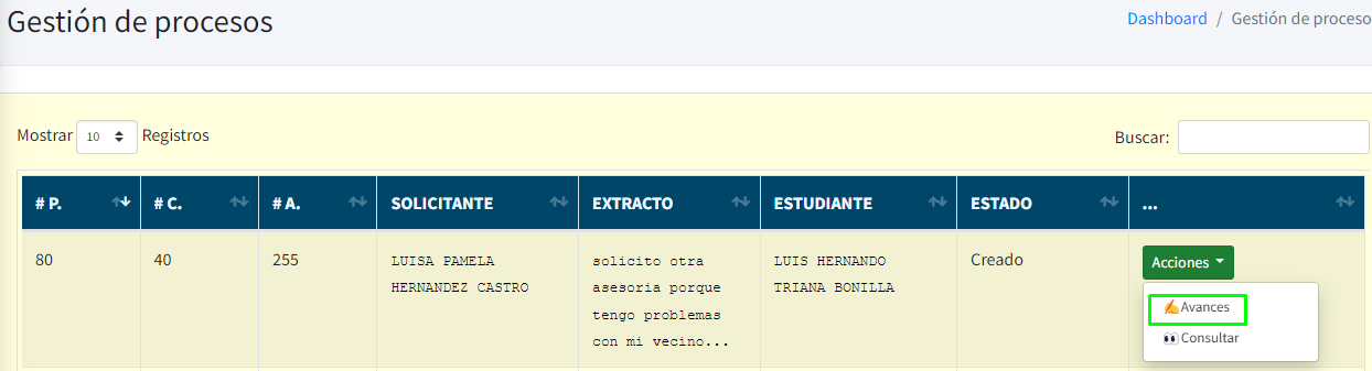 Captura de pantalla del menú para ingresar un avance al caso.