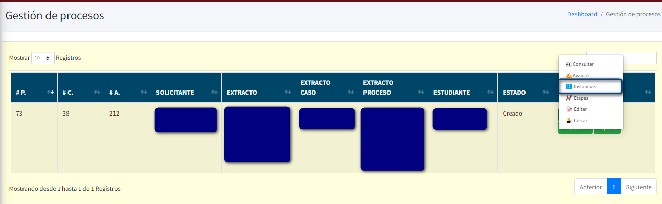Captura de pantalla del menu acción instancias del proceso