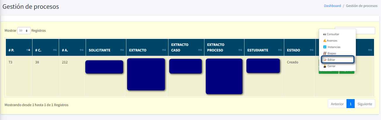 Captura de pantalla del menu acciones para seleccionar editar proceso