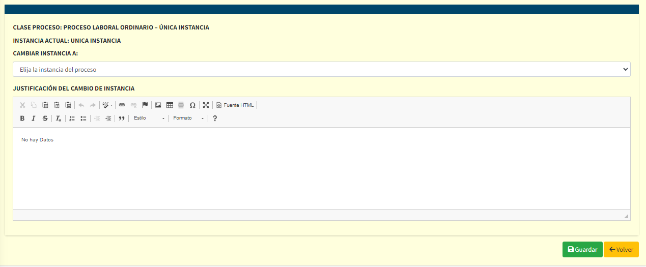 Captura de pantalla del formulario para ingresar Instancia