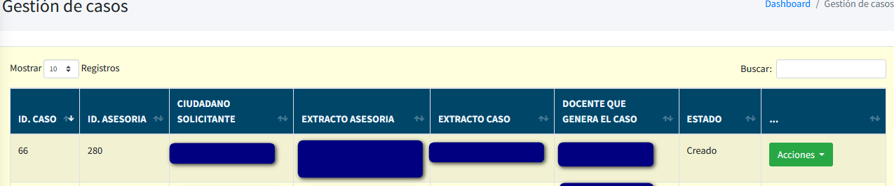 Captura de pantalla de la creación automática del caso