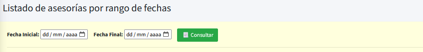 Captura de pantalla del formulario listado de asesorías