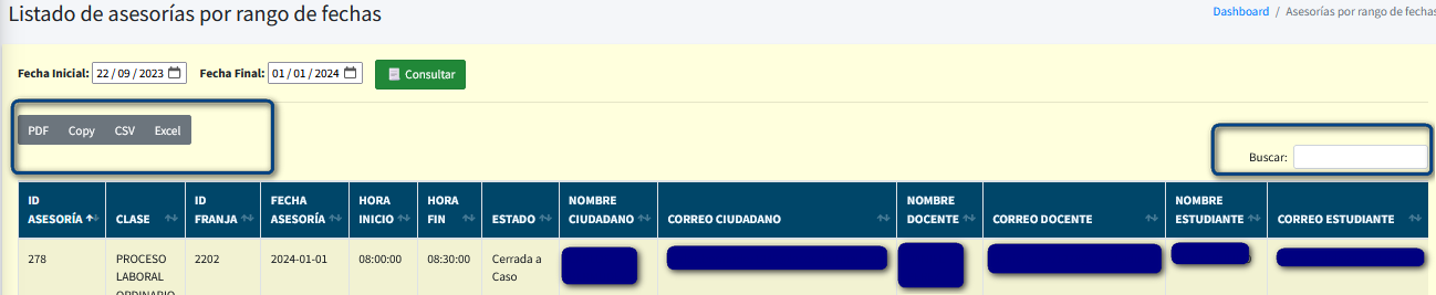 Captura de pantalla del las opciones para exportar el listado de asesorias