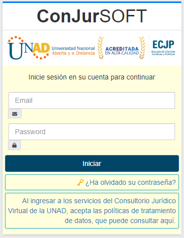 Captura de pantalla del formulario para ingresar al sistema