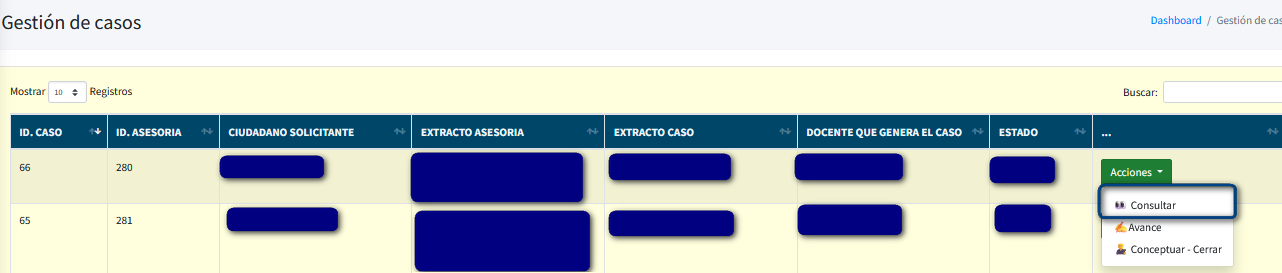 Captura de pantalla del formulario de acciones de gestión caso