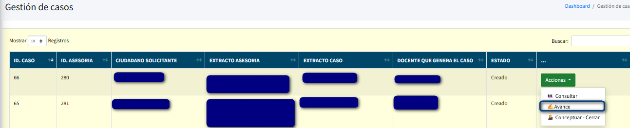 Captura de pantalla del formulario para registrar avances