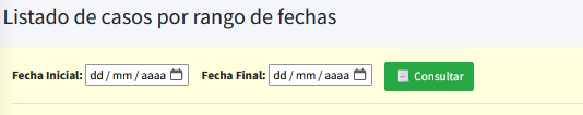 Captura de pantalla del formulario de los parámetros del listado de casos