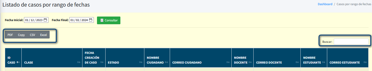 Captura de pantalla del formulario para buscar en listado de casos