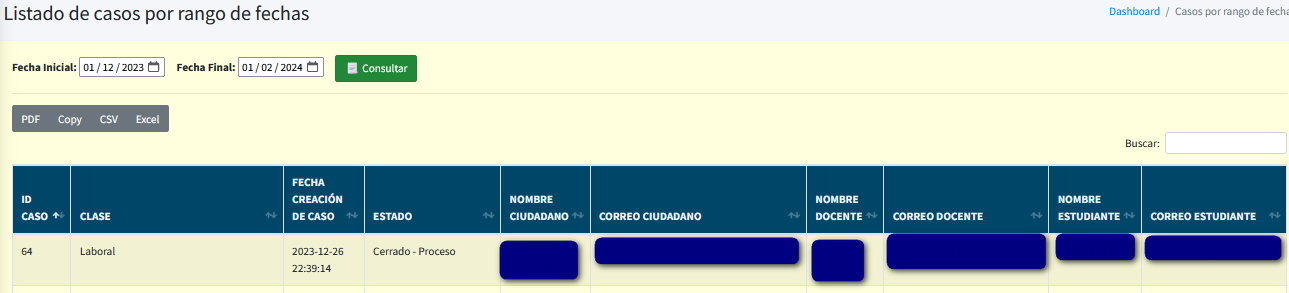 Captura de pantalla del reporte listado de casos