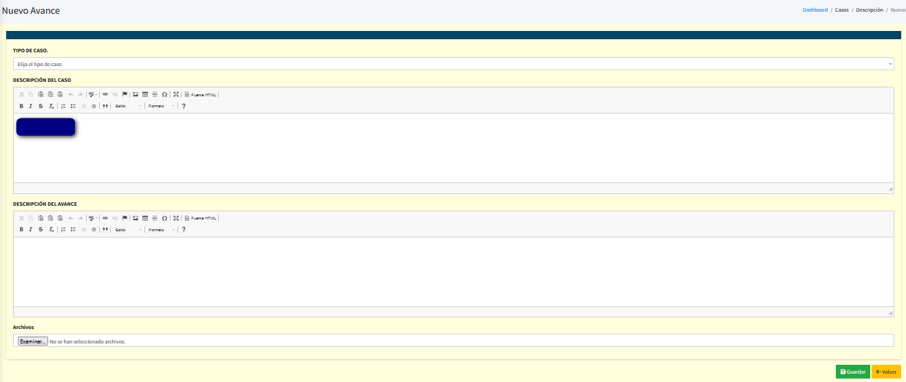 Captura de pantalla del formulario para avance de caso