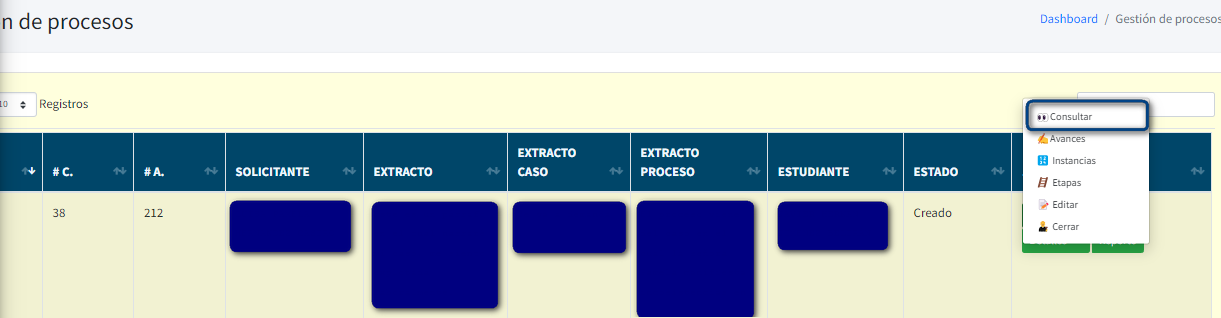 Captura de pantalla del menu acciones consultar proceso