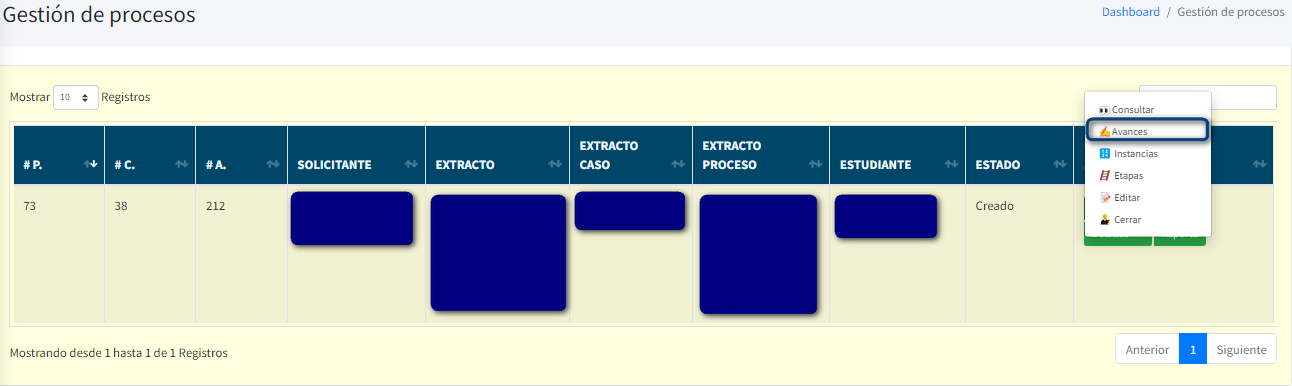 Captura de pantalla del menú acciones avances del proceso
