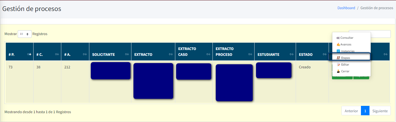 Captura de pantalla del menu acciones para seleccionar instancia del proceso