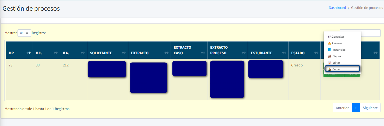 Captura de pantalla del formulario para cerrar proceso