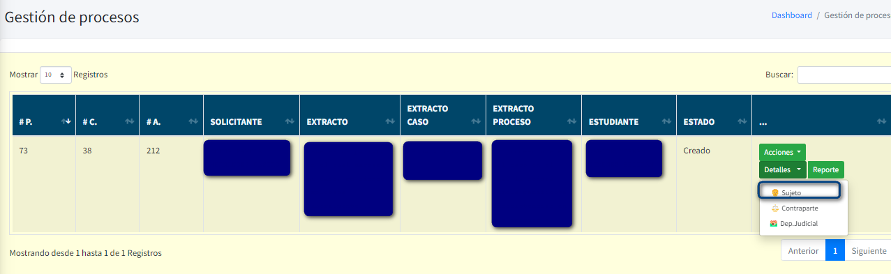 Captura de pantalla del menu avances para ingresar un sujeto procesal