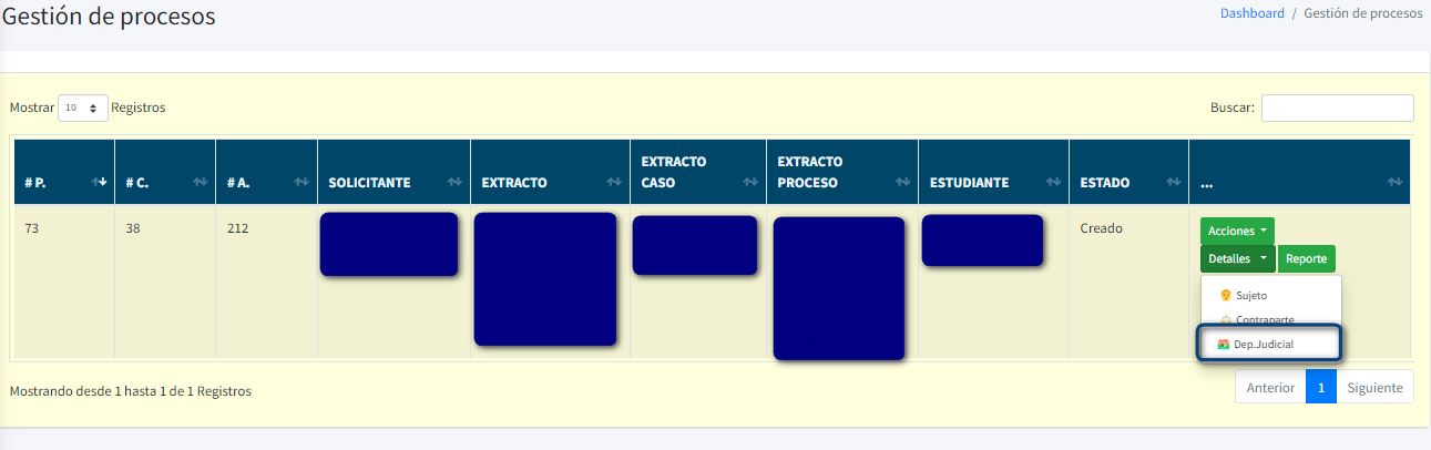 Captura de pantalla del menu acciones para seleccionar dependencia judicial