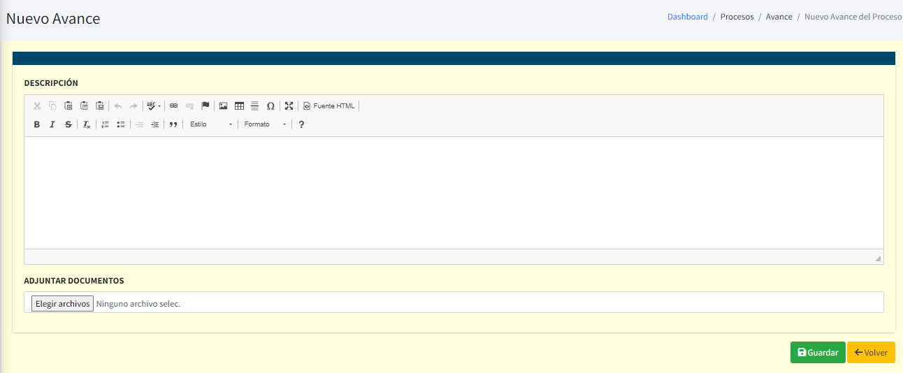 Captura de pantalla del formulario para ingresar avance de proceso