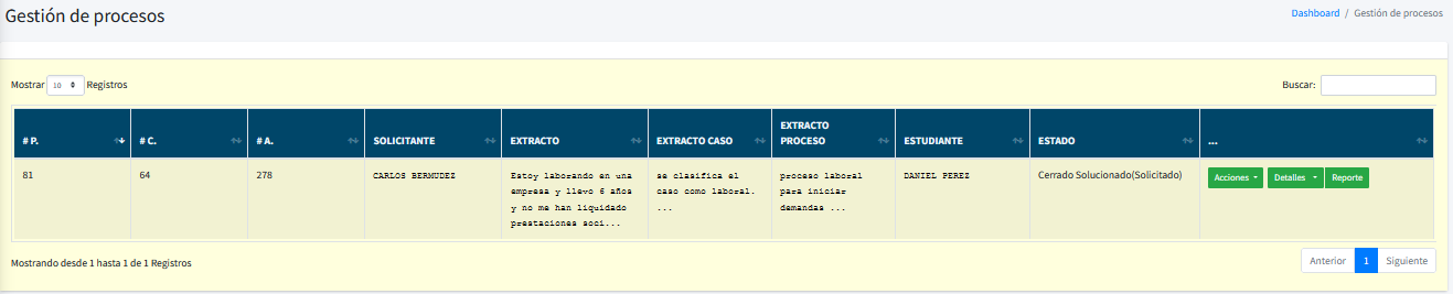 Captura de pantalla del listado de procesos para seleccionar el botón reporte
