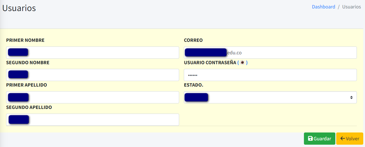 Captura de pantalla del formulario para actualizar datos de usuario