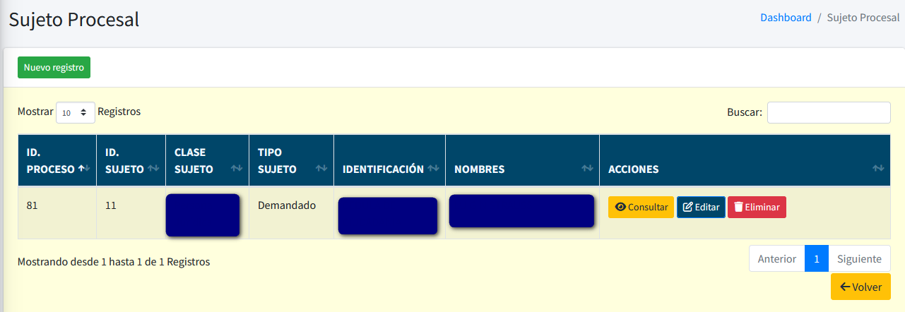 Captura de pantalla del listado de dependencias judiciales del proceso