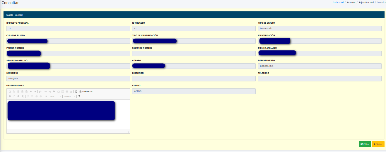 Captura de pantalla del formulario con la consulta del Proceso