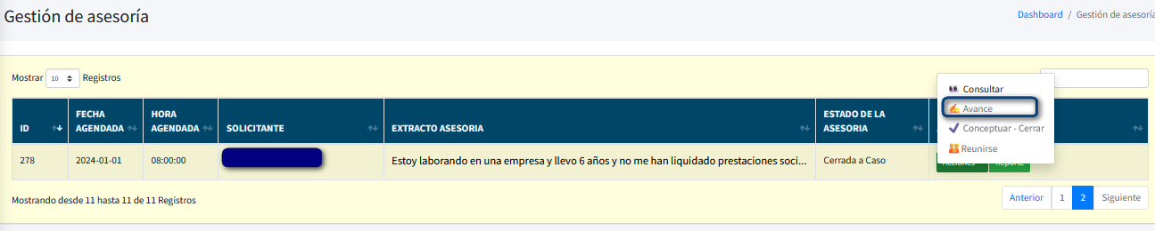 Captura de pantalla del formulario para ingresar avances
