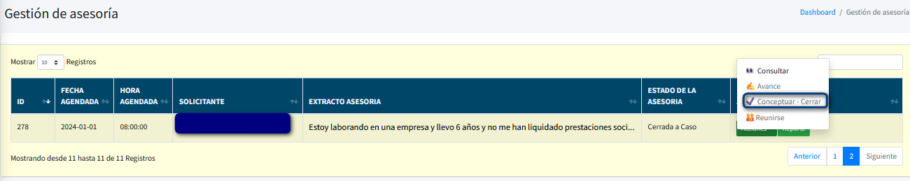 Captura de pantalla del menu conceptuar y solicitar cierre